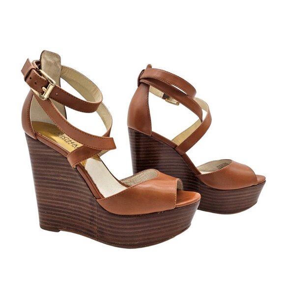 Michael Kors Gabriella Leather Wedge Sandals, Tan brown, Size 5.5 - Picture 2 of 13